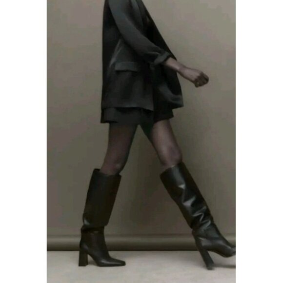 Zara Women's Black Leather Knee High Boots Pointed Toe Block Heel Size EU 38 - Picture 1 of 16